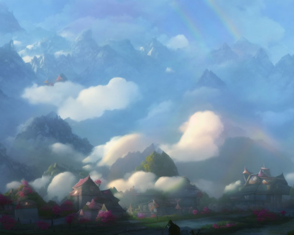 Traditional houses in misty mountain valley with rainbow