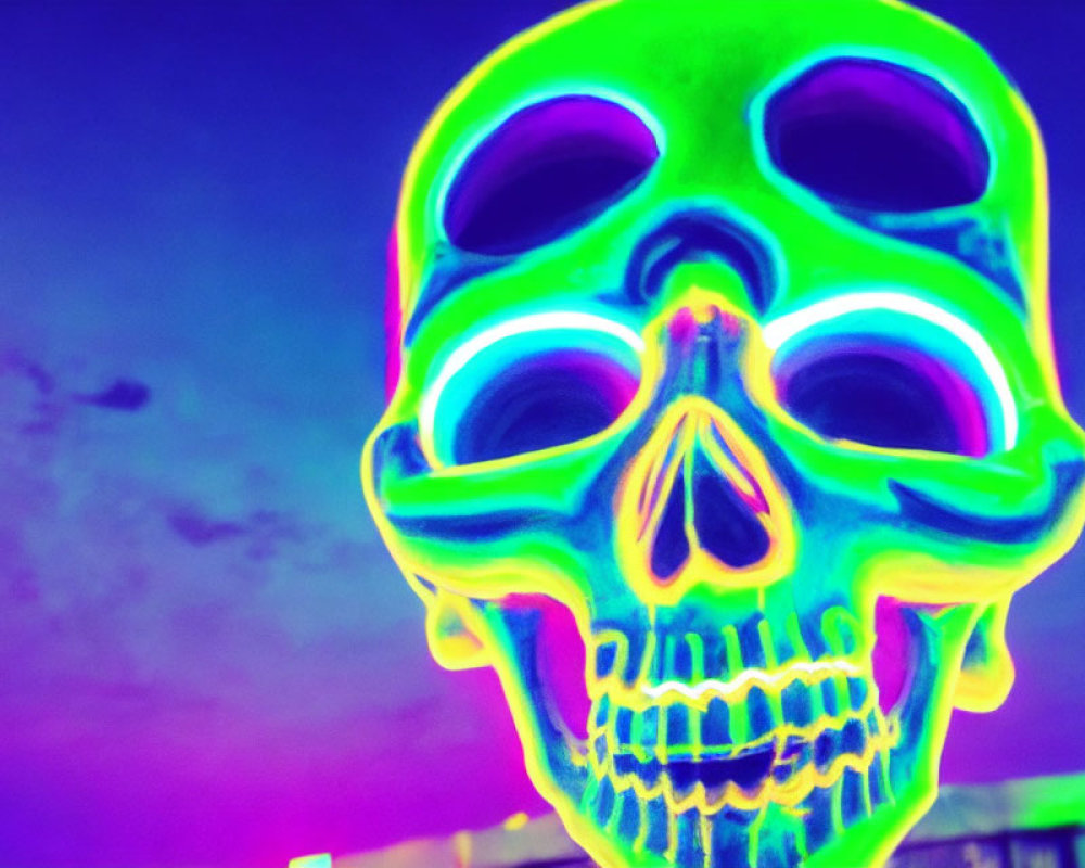 Colorful Thermal Imaging Effect of Skull on Purple Background