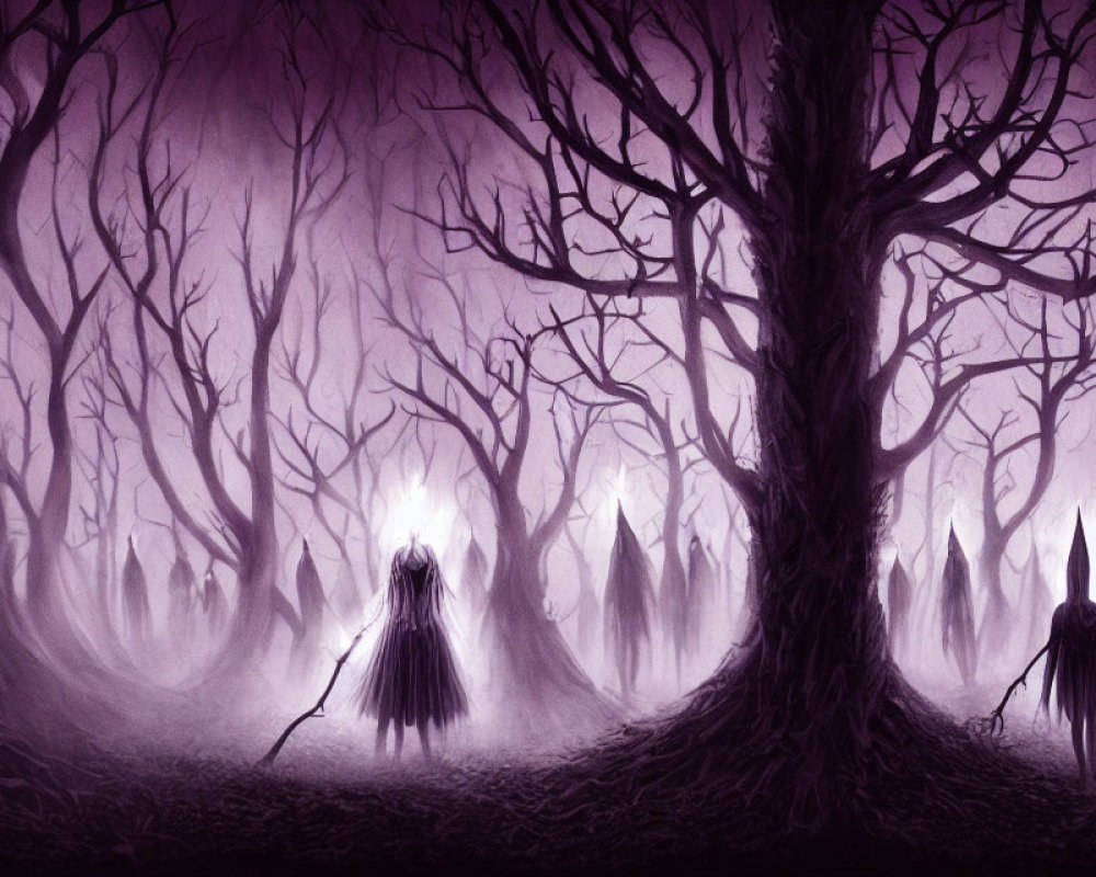 Purple Forest Scene with Cloaked Figures and Glowing Staff