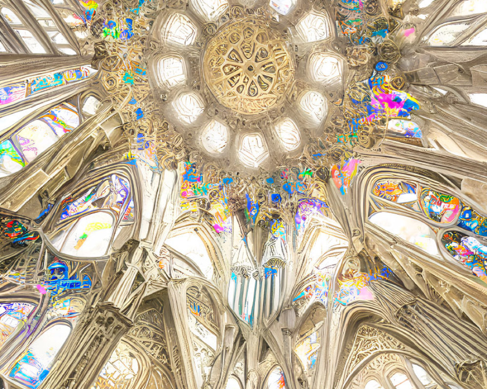 Gothic Cathedral Ceiling with Stone Tracery and Stained Glass