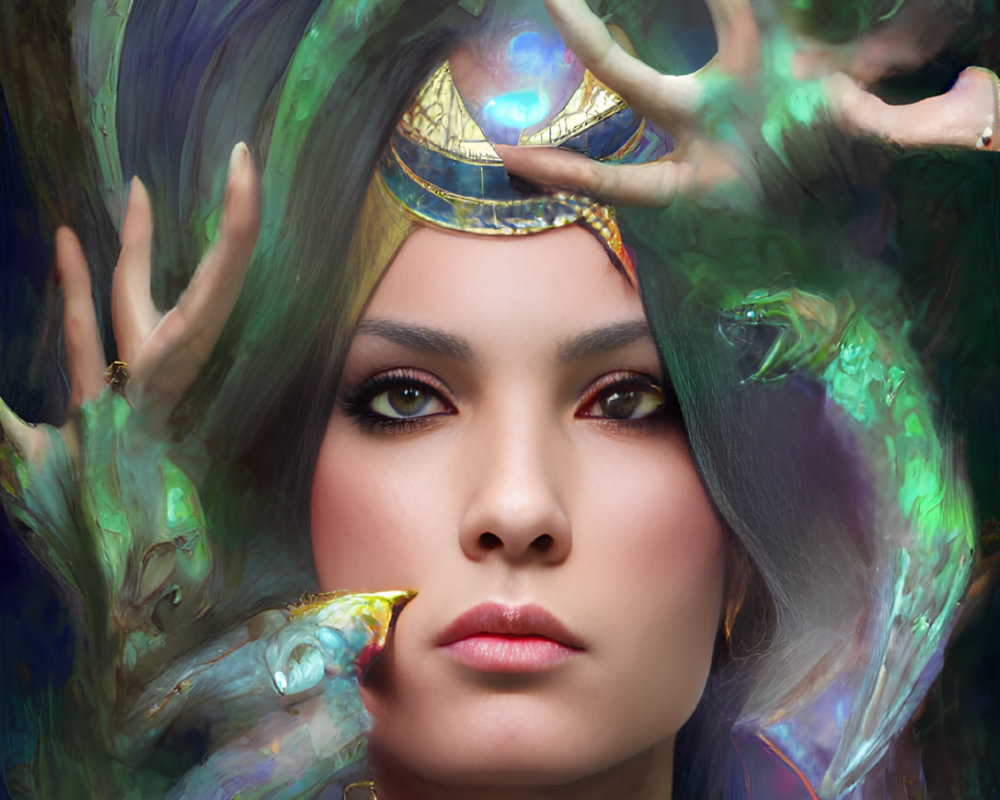 Elaborate green horns and snake adorn mystical woman in golden headgear and armor