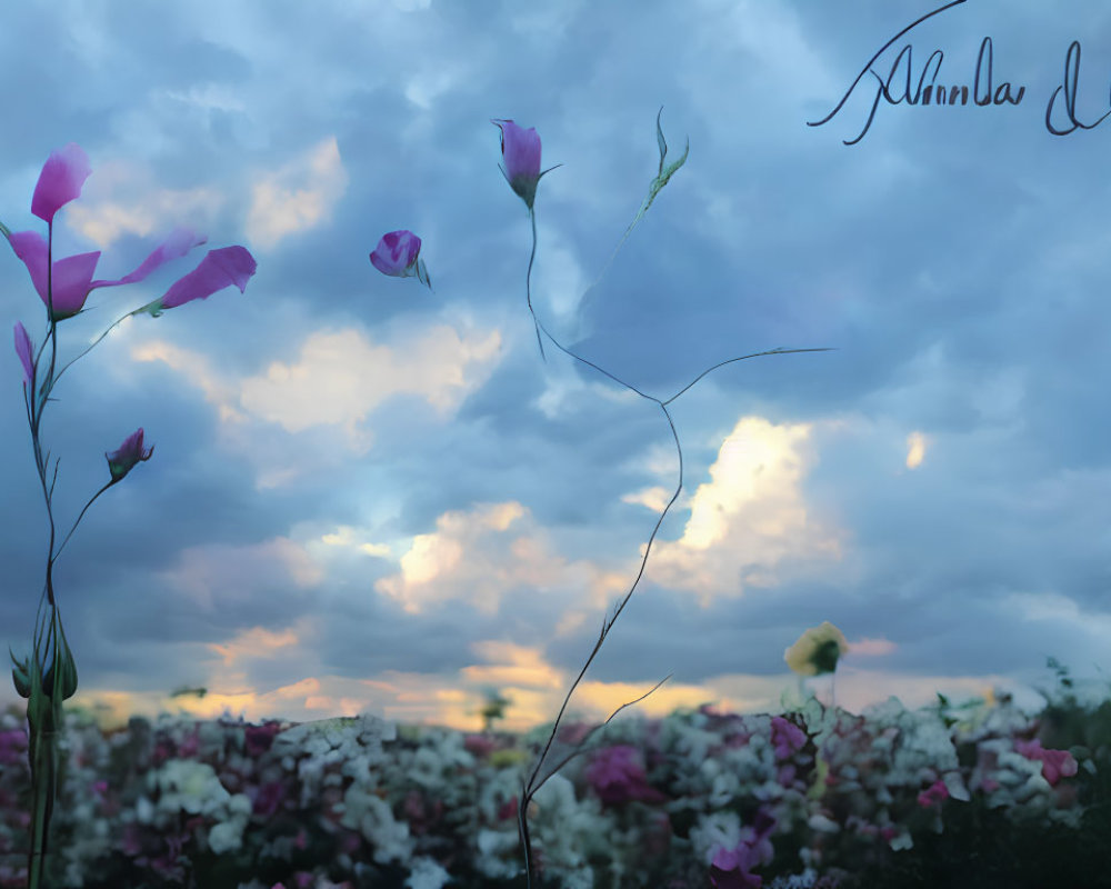 Tranquil dusk sky with delicate flowers and soft sunlight