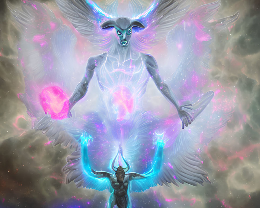 Blue-skinned cosmic entity with glowing orbs and wings in surreal scene