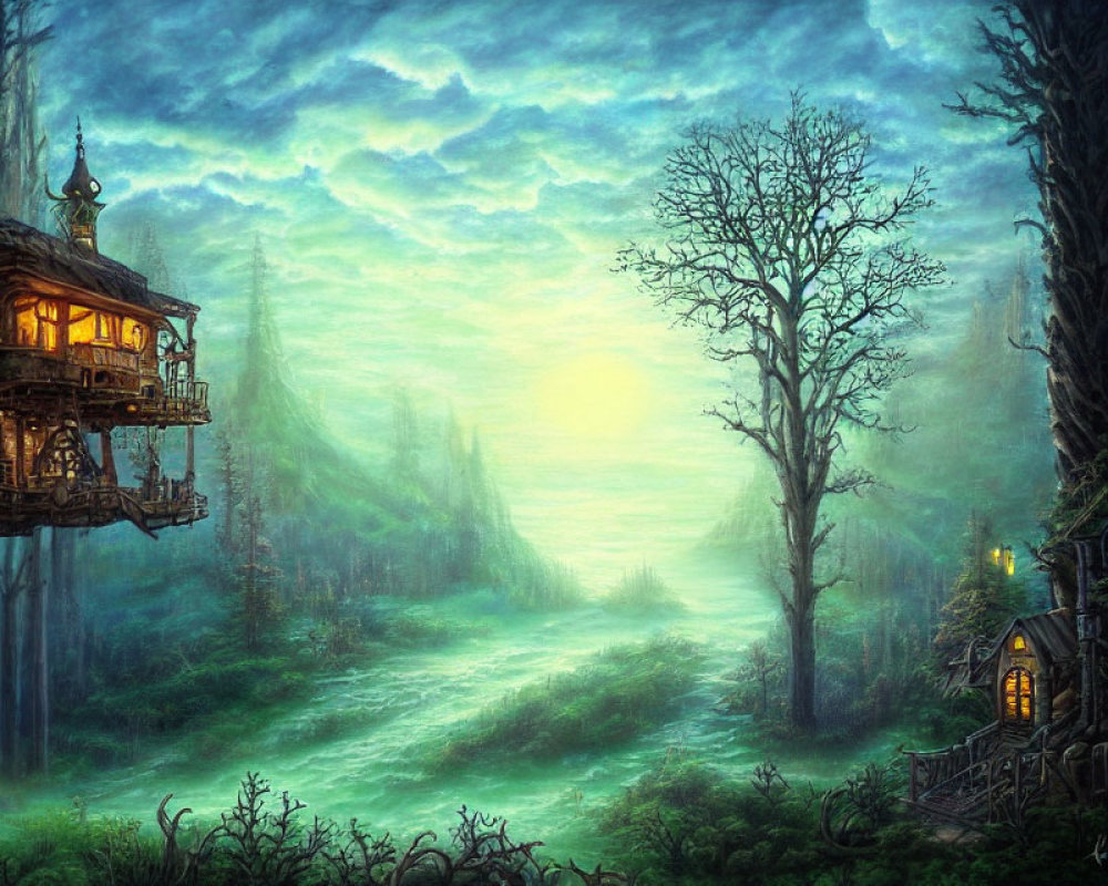 Twilight scene with treehouse, cottage, and glowing pathway