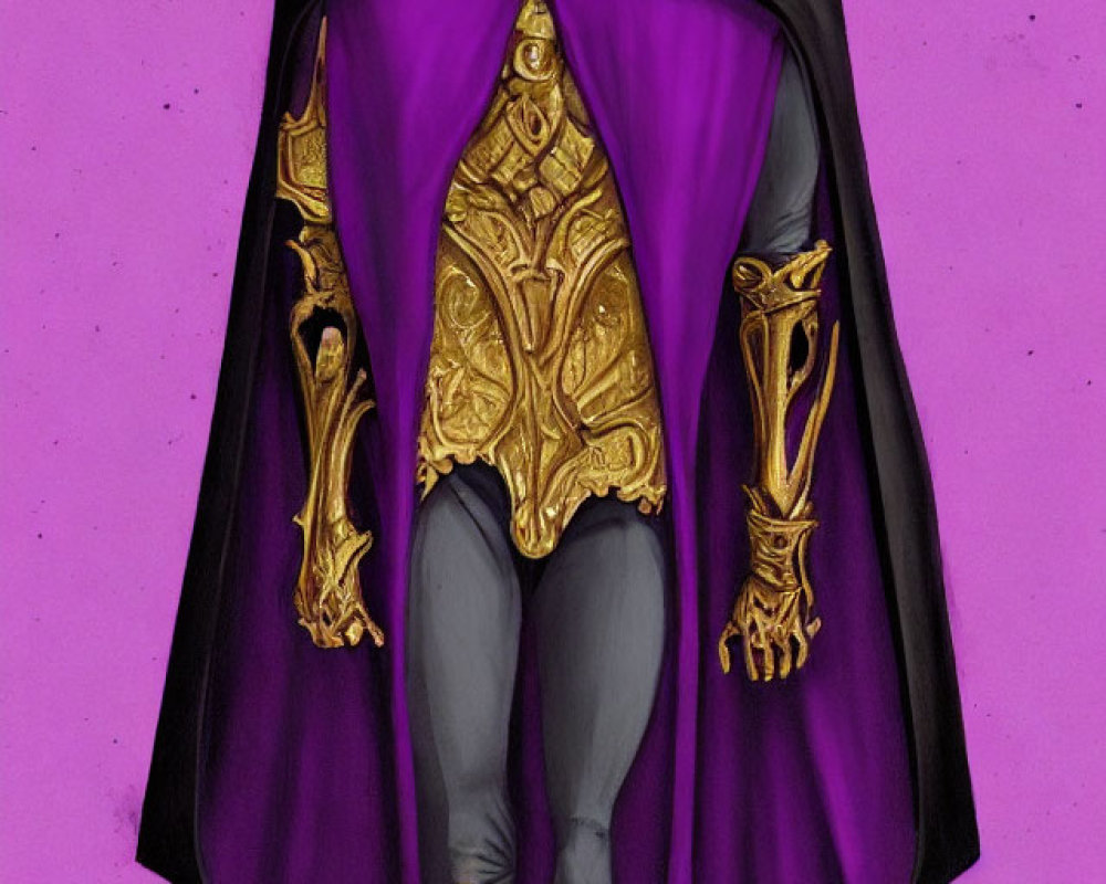 Skeletal figure in purple cloak with gold armor on pink background