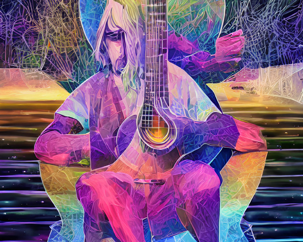 Colorful illustration of person with guitar in neon backdrop.