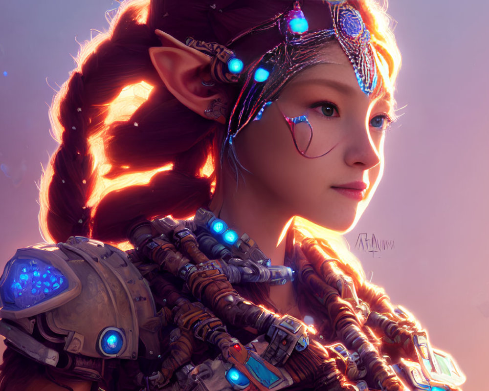 Elf in futuristic armor with braided hairstyle & glowing face.