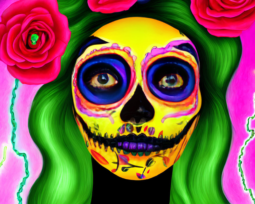 Colorful Day of the Dead makeup with skull design and roses on vibrant background