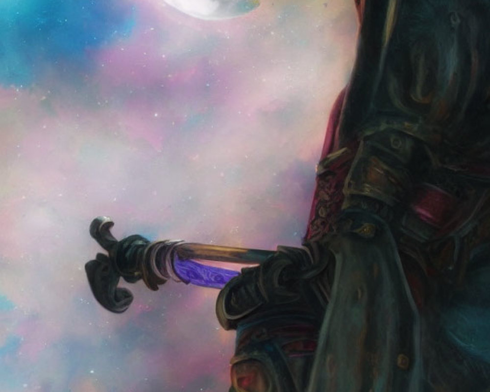 Ornate armored warrior with glowing sword in cosmic setting