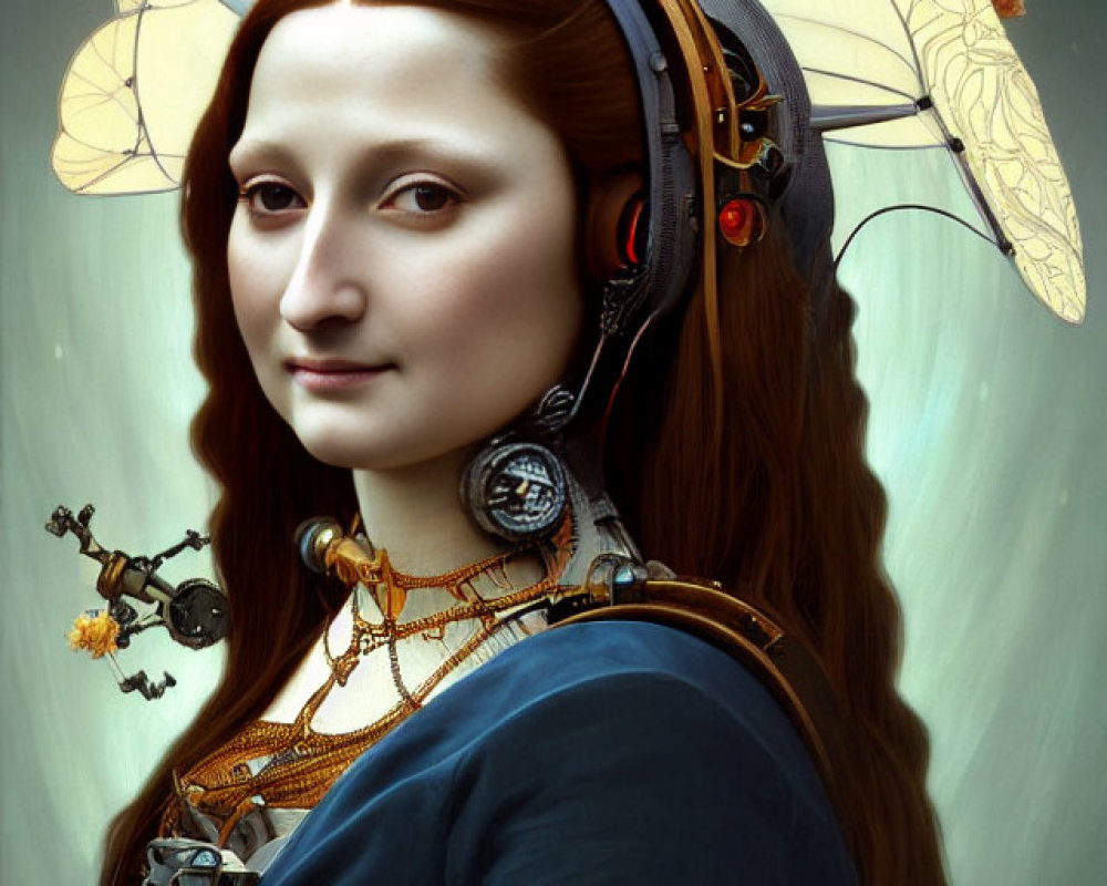 Steampunk-inspired Mona Lisa digital art with mechanical elements