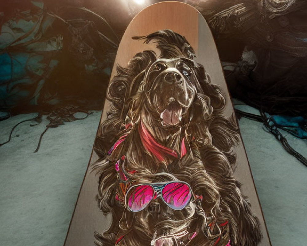 Detailed illustration: Shaggy dog in pink sunglasses and red harness skateboarding under spotlight on graphic background