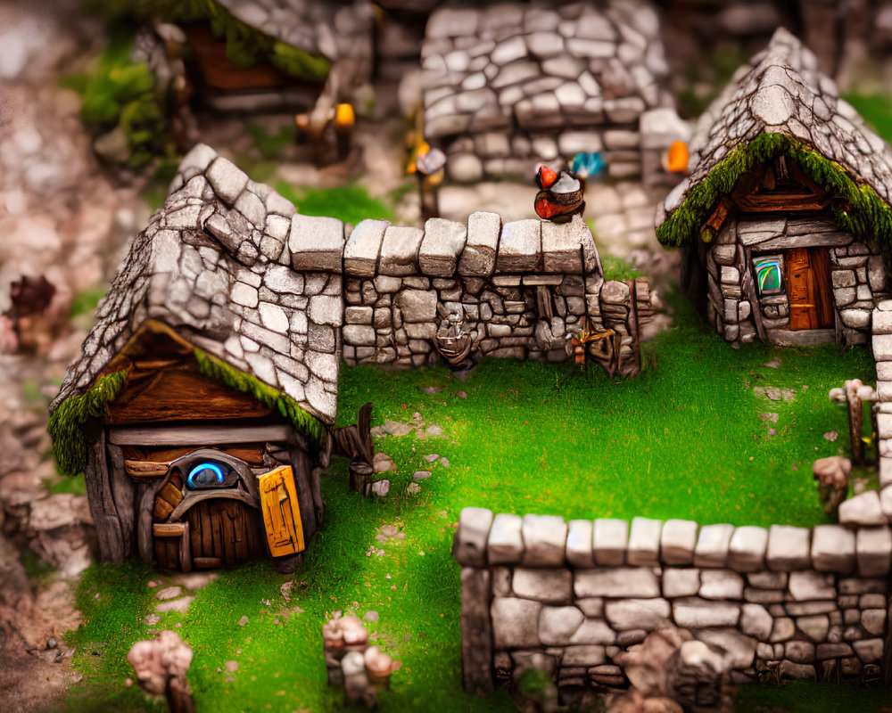 Detailed Stone Houses in Miniature Village Scene with Greenery and Small Figures