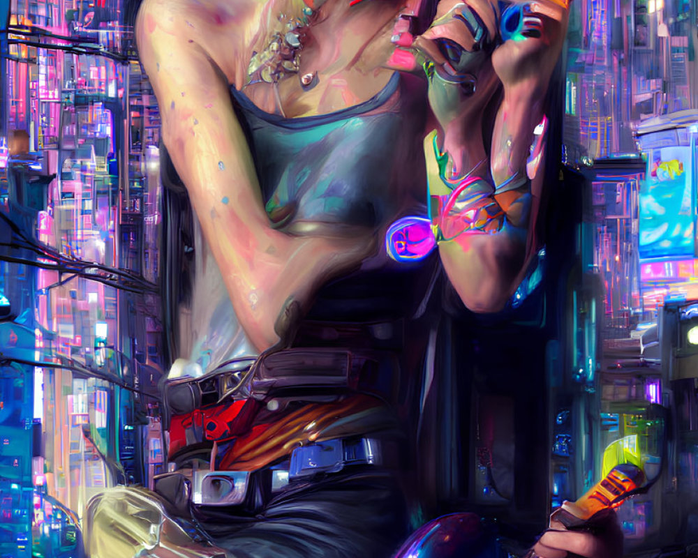 Fashionable individual with sunglasses, orange toy gun, and electric guitar in cyberpunk cityscape.