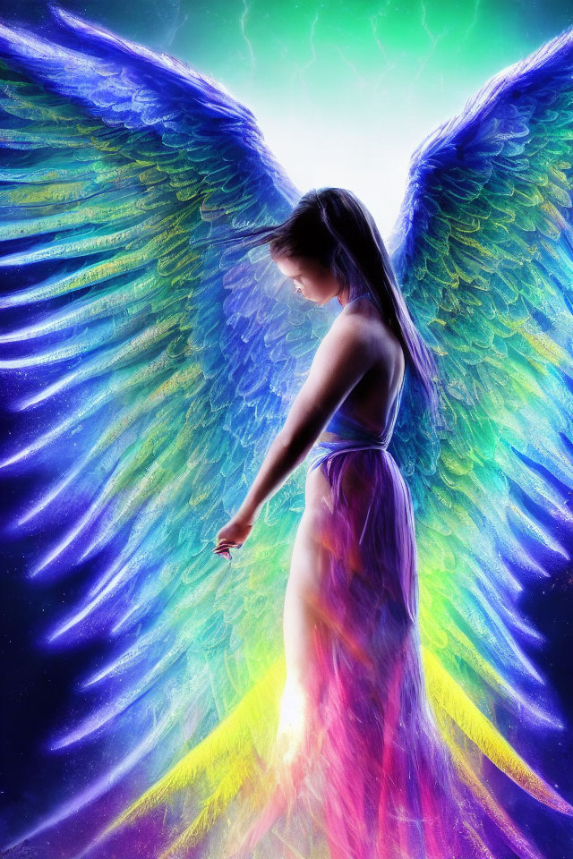 Multicolored winged woman in cosmic backdrop with ethereal gown.