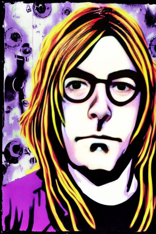 Colorful Stylized Portrait of Person with Straight Hair and Glasses on Purple Background