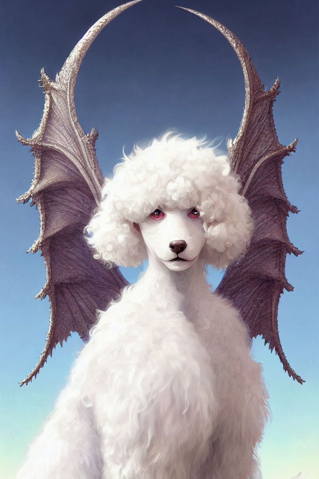 Surreal white poodle with dragon-like wings in pale blue sky