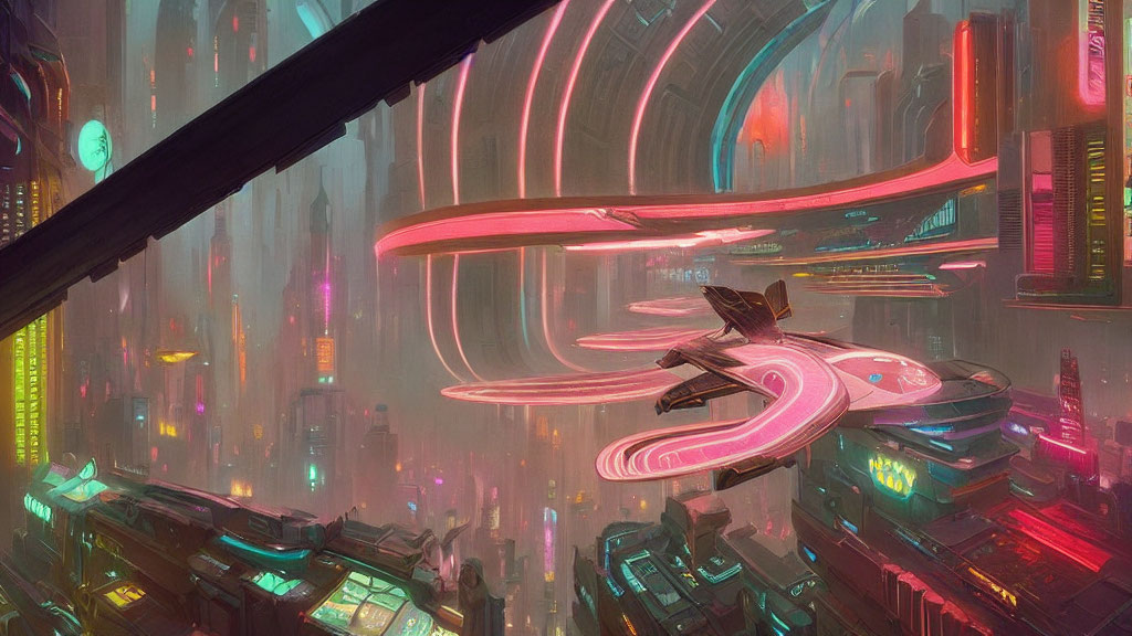 Neon-lit futuristic cityscape with flying vehicles and curving skyscrapers