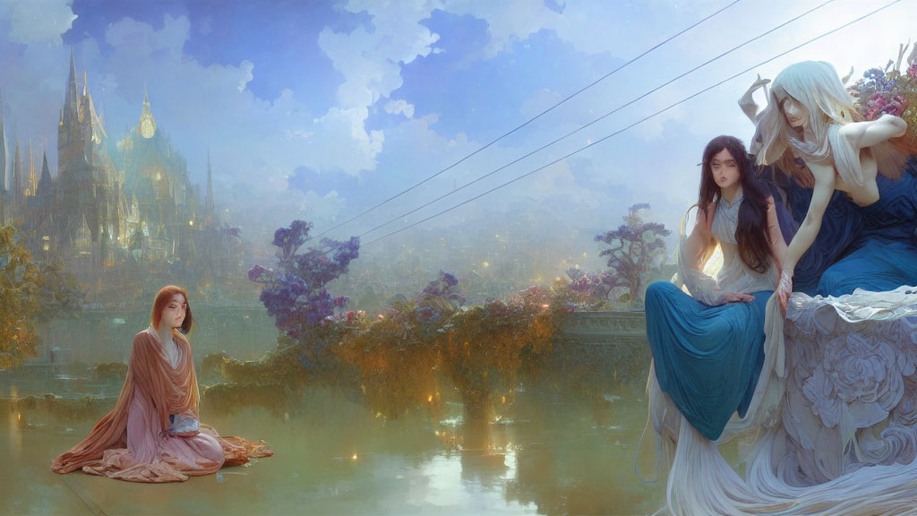 Ethereal women near reflective water with fantasy castle in misty background