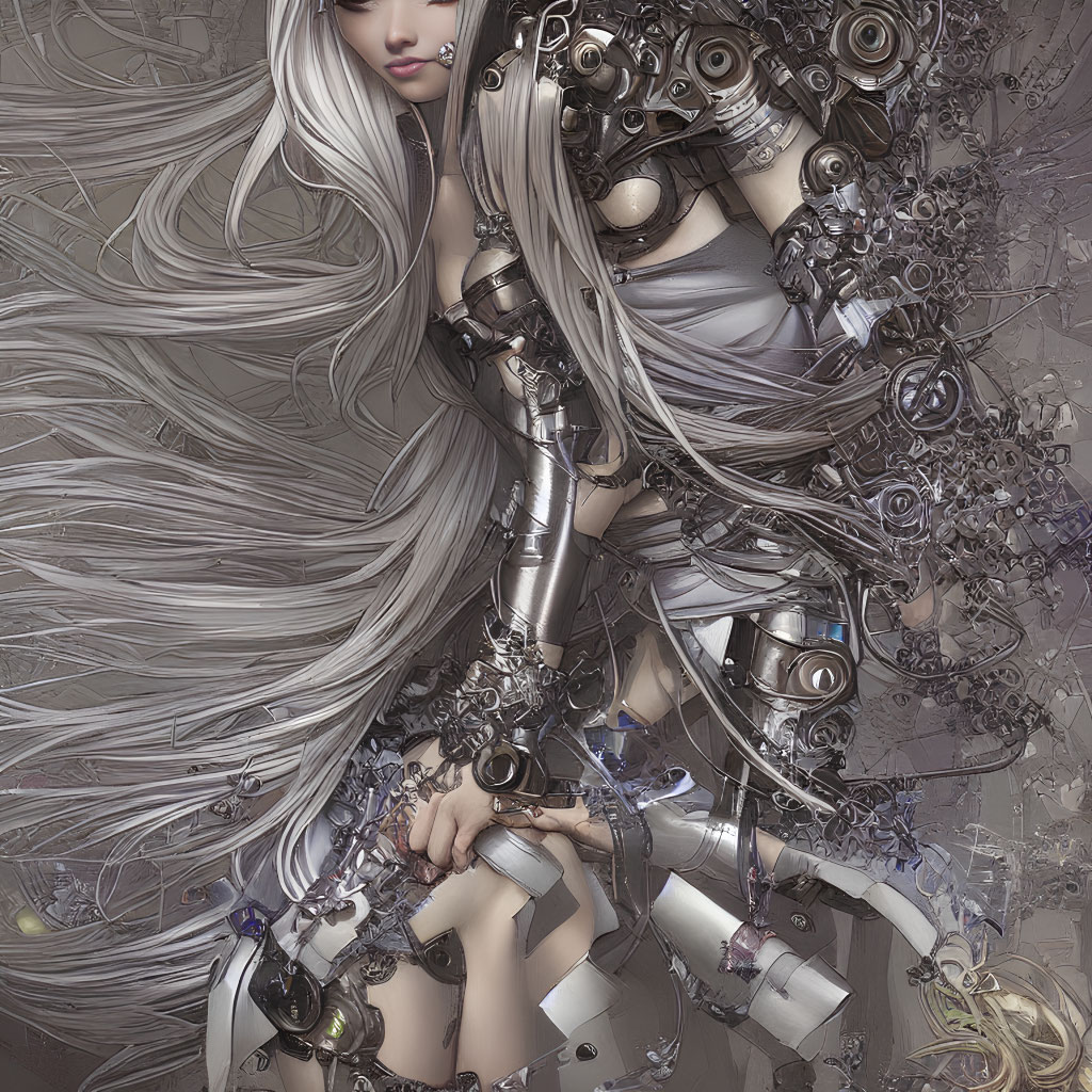 Detailed illustration of female figure with long silver hair and intricate mechanical limbs