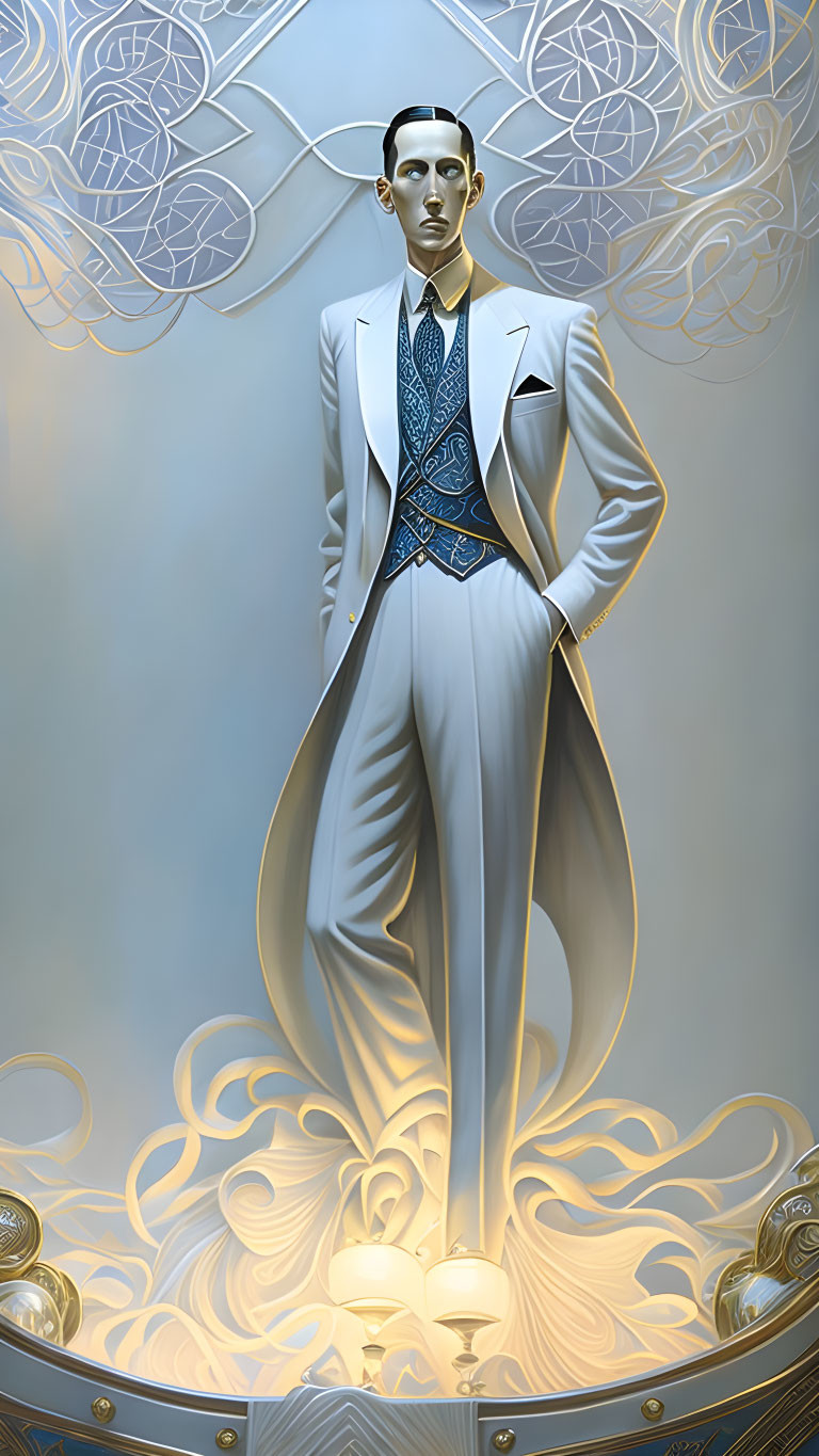 Stylish mannequin in light grey suit with blue lining and tie on swirl-patterned background