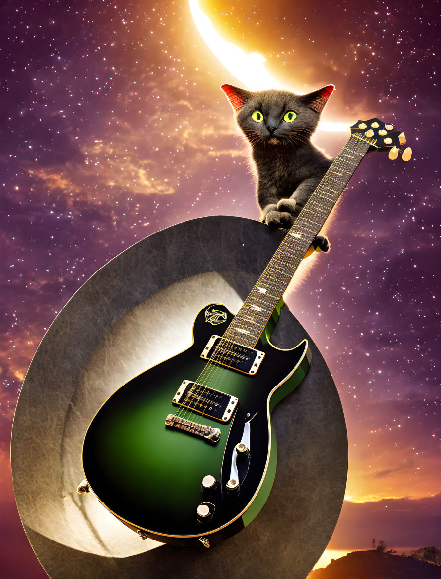 Gray Cat on Guitar with Cosmic Sky and Crescent Moon Background