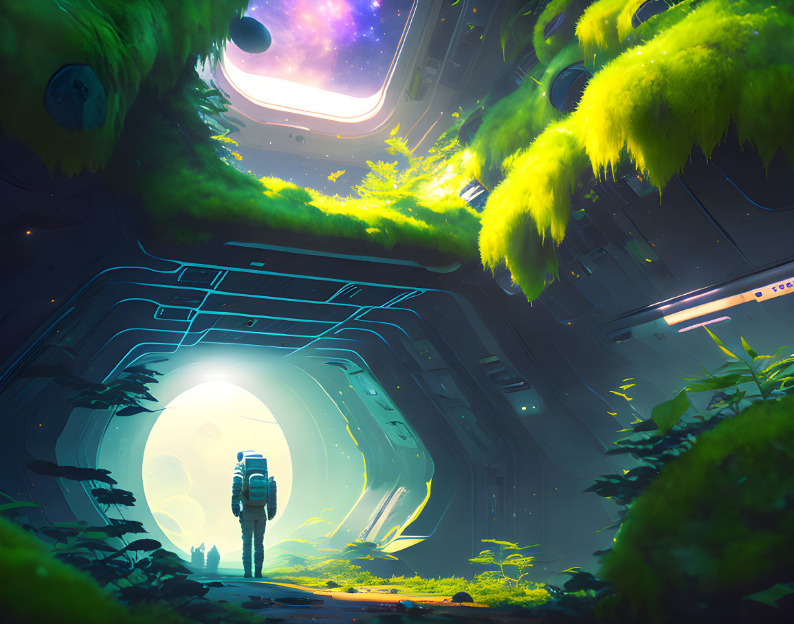 Astronaut in lush spaceship corridor with green foliage and galaxy view