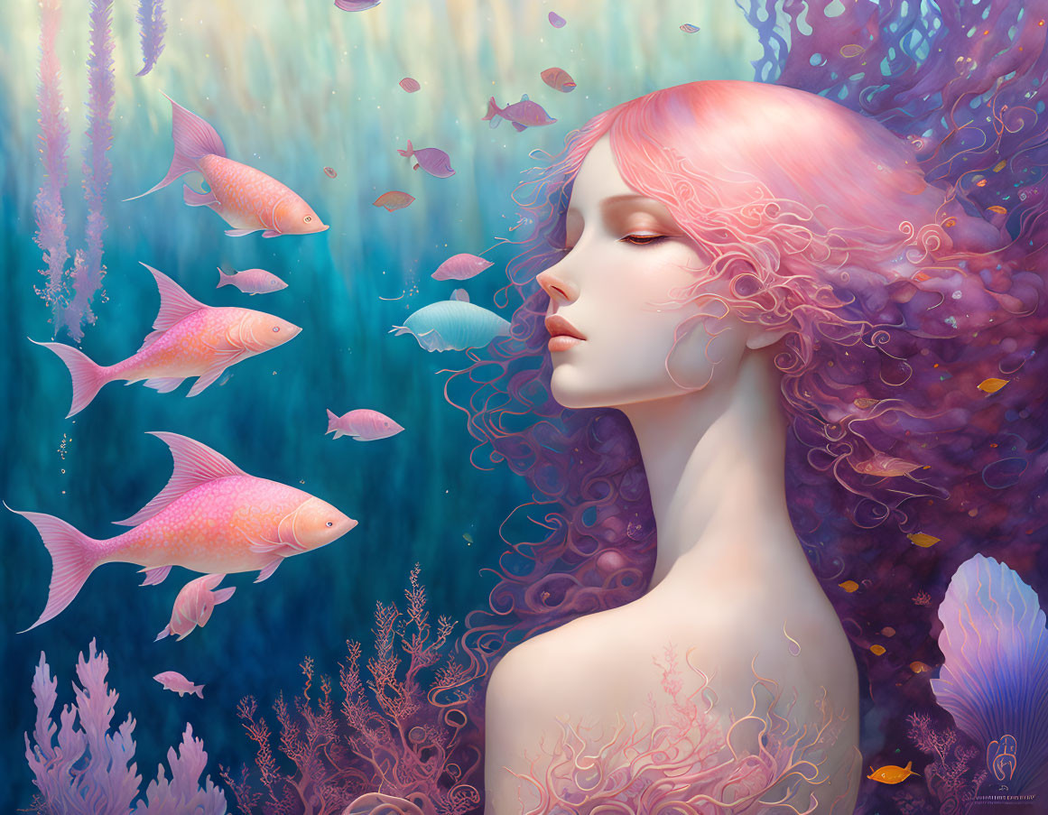 Surreal portrait of woman with pink hair in underwater scene