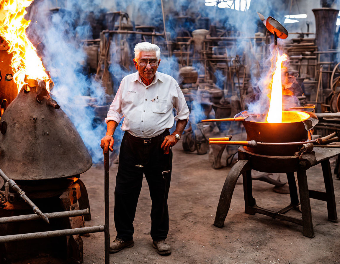 Elderly man with white hair in smithy with intense flames