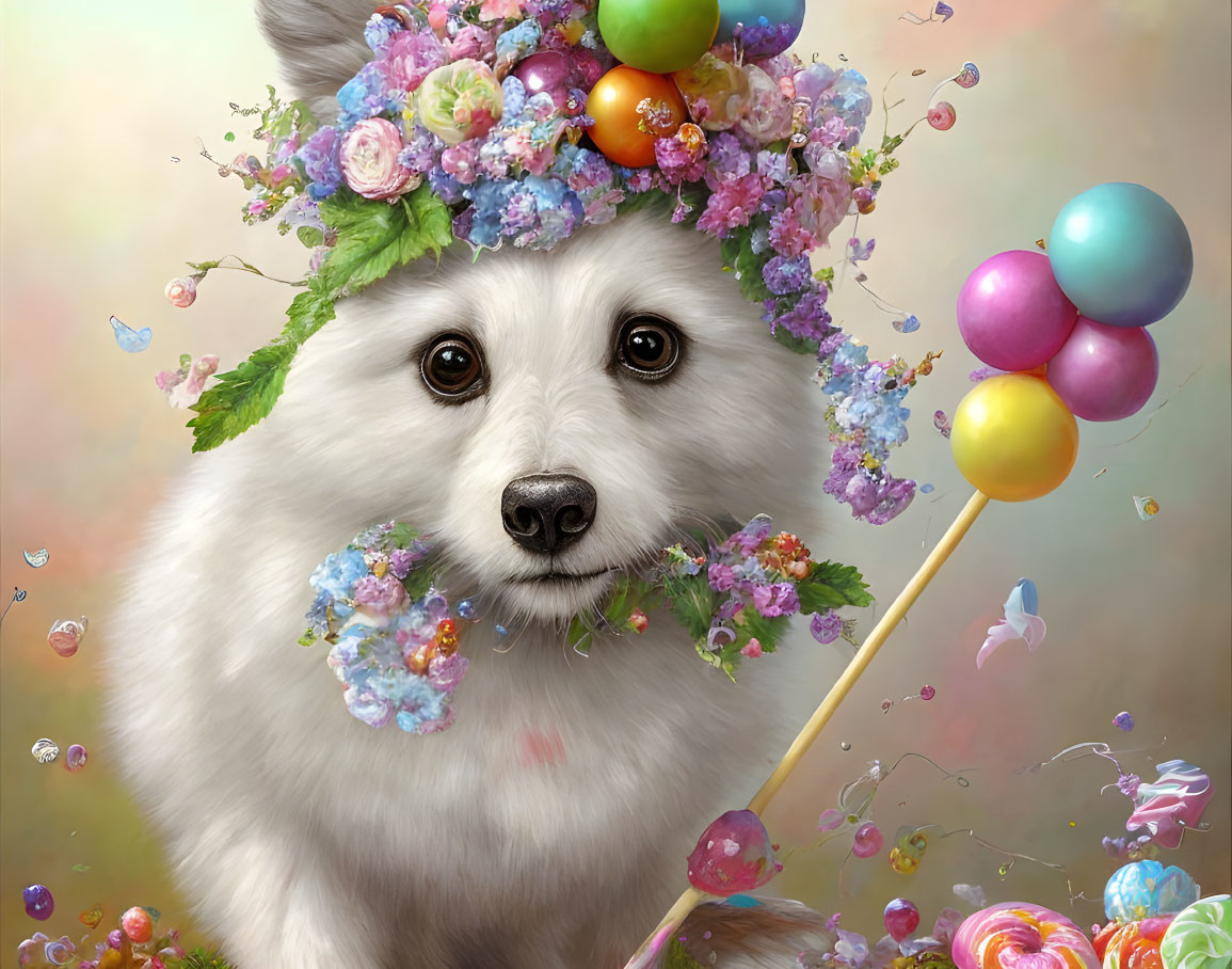 Whimsical white dog with floral crown and Easter eggs in colorful scene