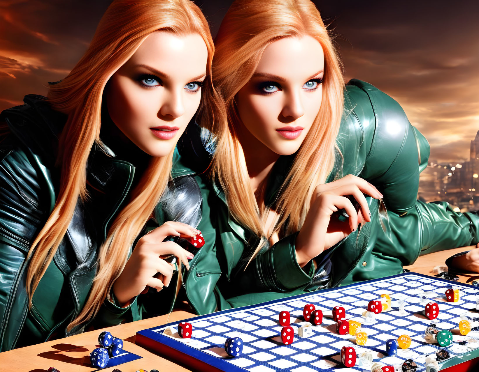 Two women with blue eyes and blonde hair playing board game against cityscape