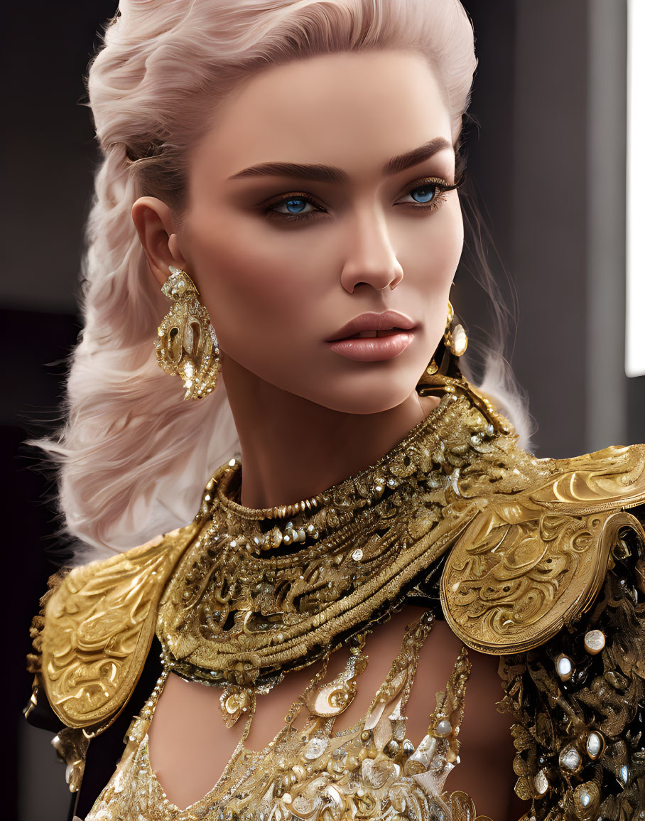 Detailed digital portrait of a woman with blue eyes, blond hair, and golden jewelry