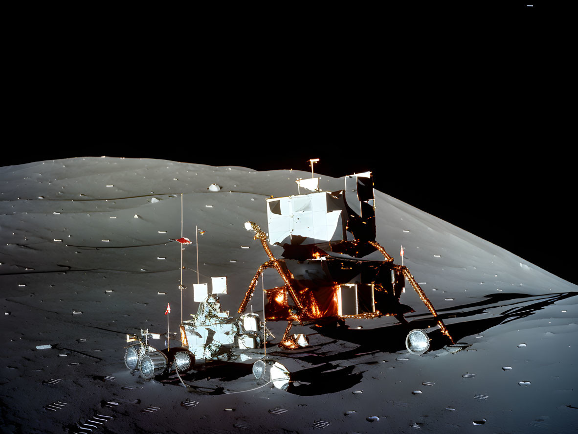 Lunar Module and Rover on Moon's Barren Surface