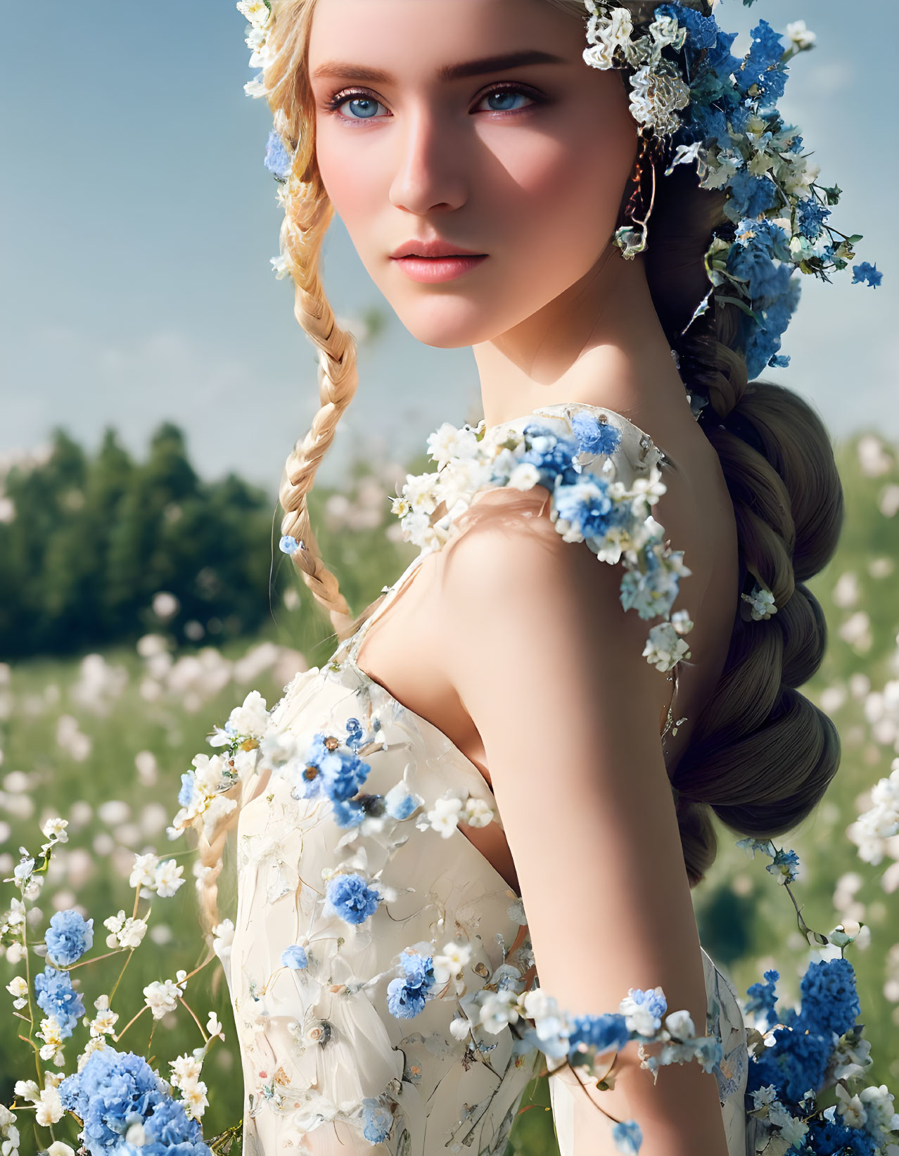 Woman with Braided Hair and Blue Flower Adornments in Field