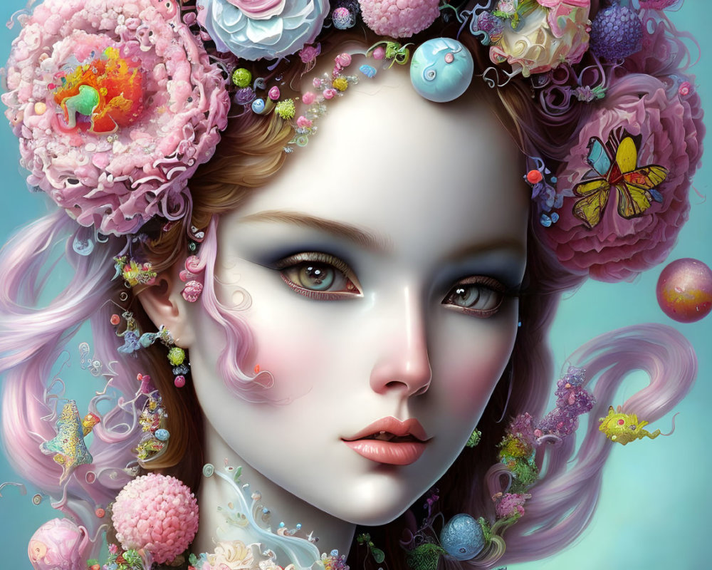 Detailed digital artwork: Female figure with floral elements, pastel colors, butterflies, and beads.