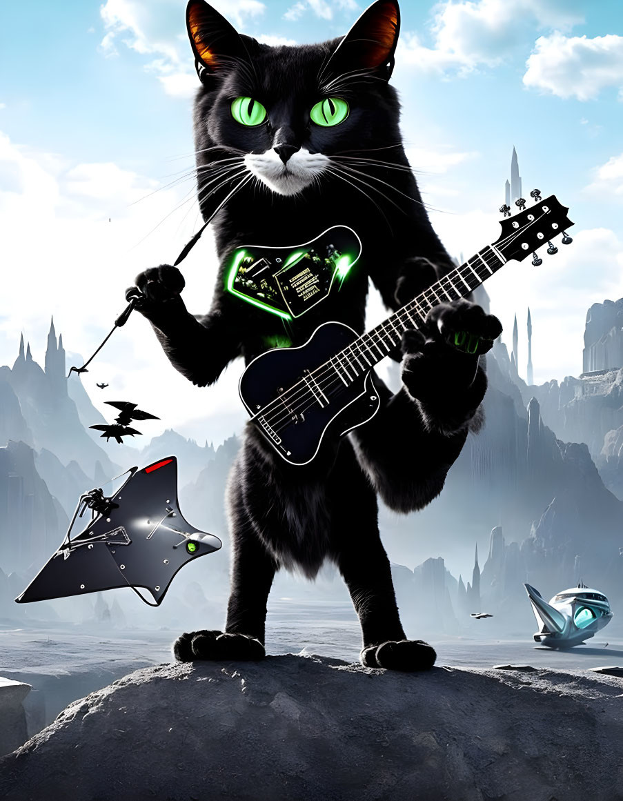 Black Cat with Green Eyes Playing Guitar in Futuristic Cityscape