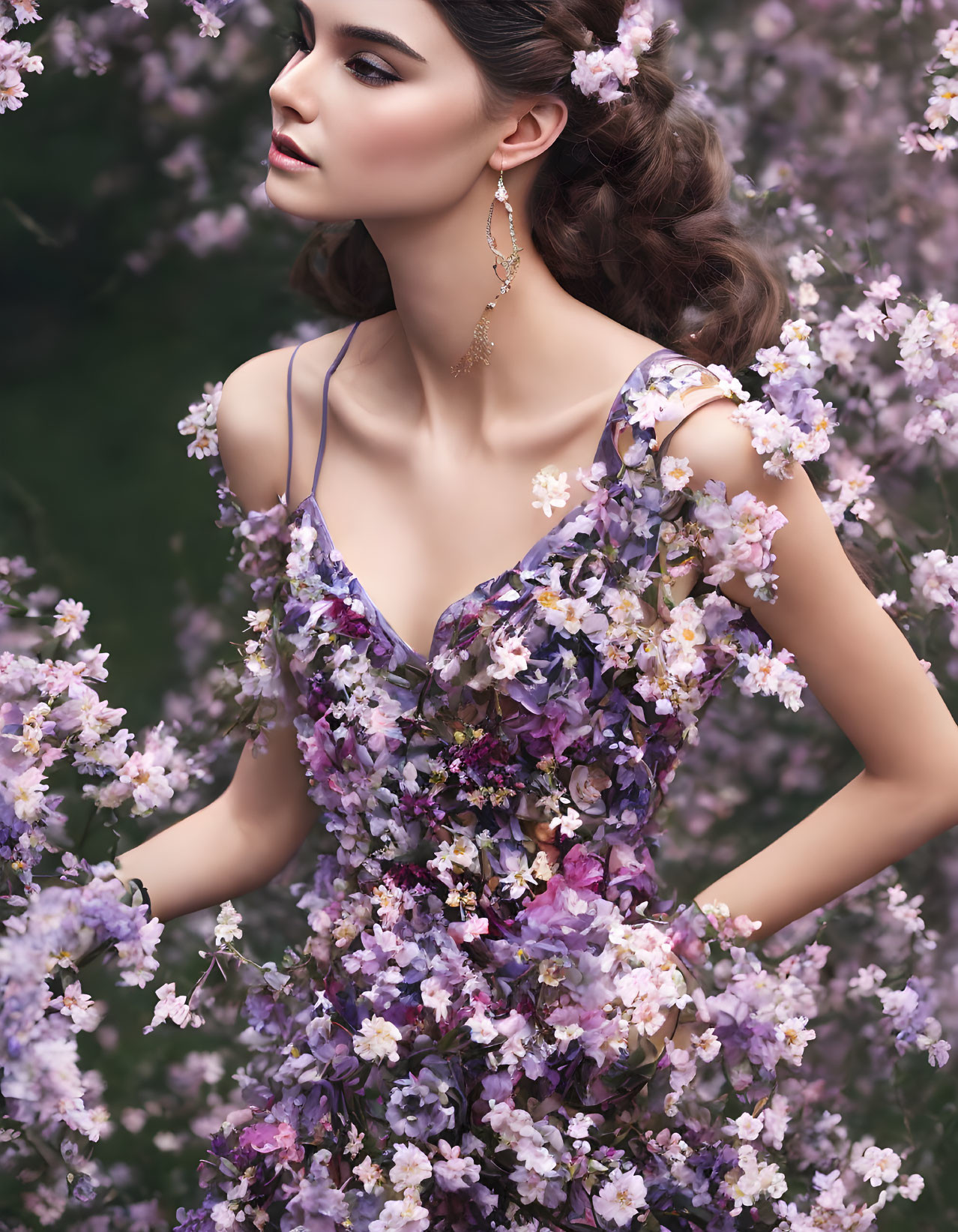 Woman in Floral Dress Surrounded by Lilac Blossoms