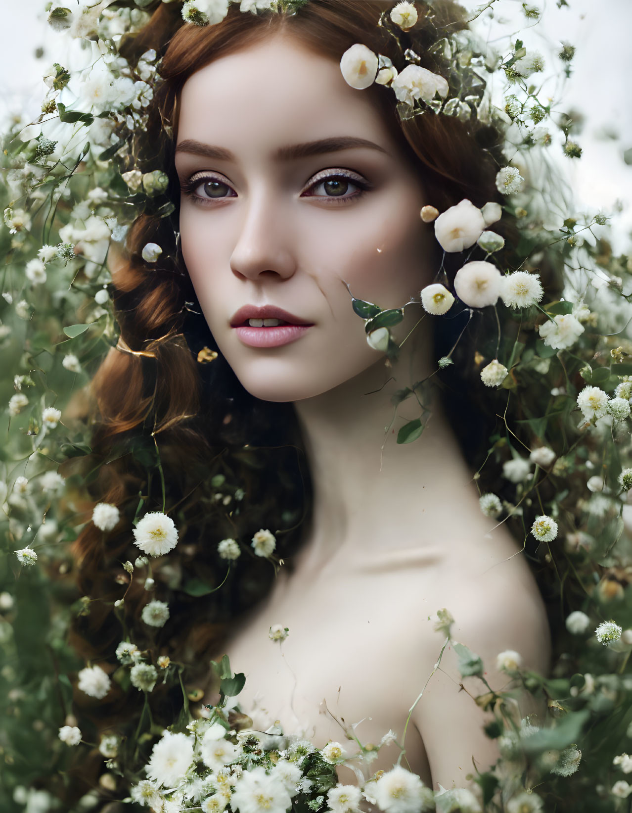 Curly-haired woman among white flowers in dreamy setting