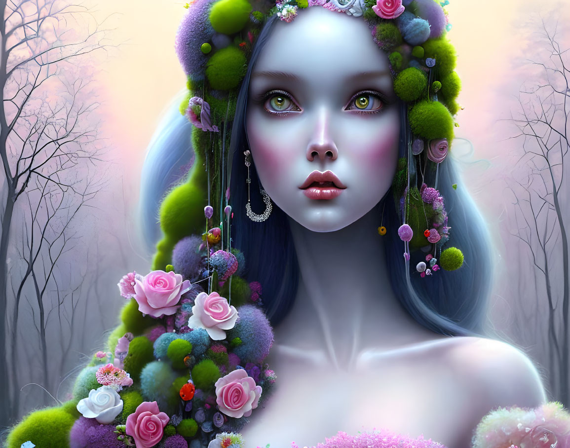 Fantasy portrait of female figure with blue skin in floral and moss attire against misty forest.