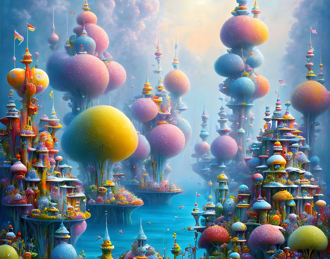 Colorful Mushroom Towers in Sunlit Landscape