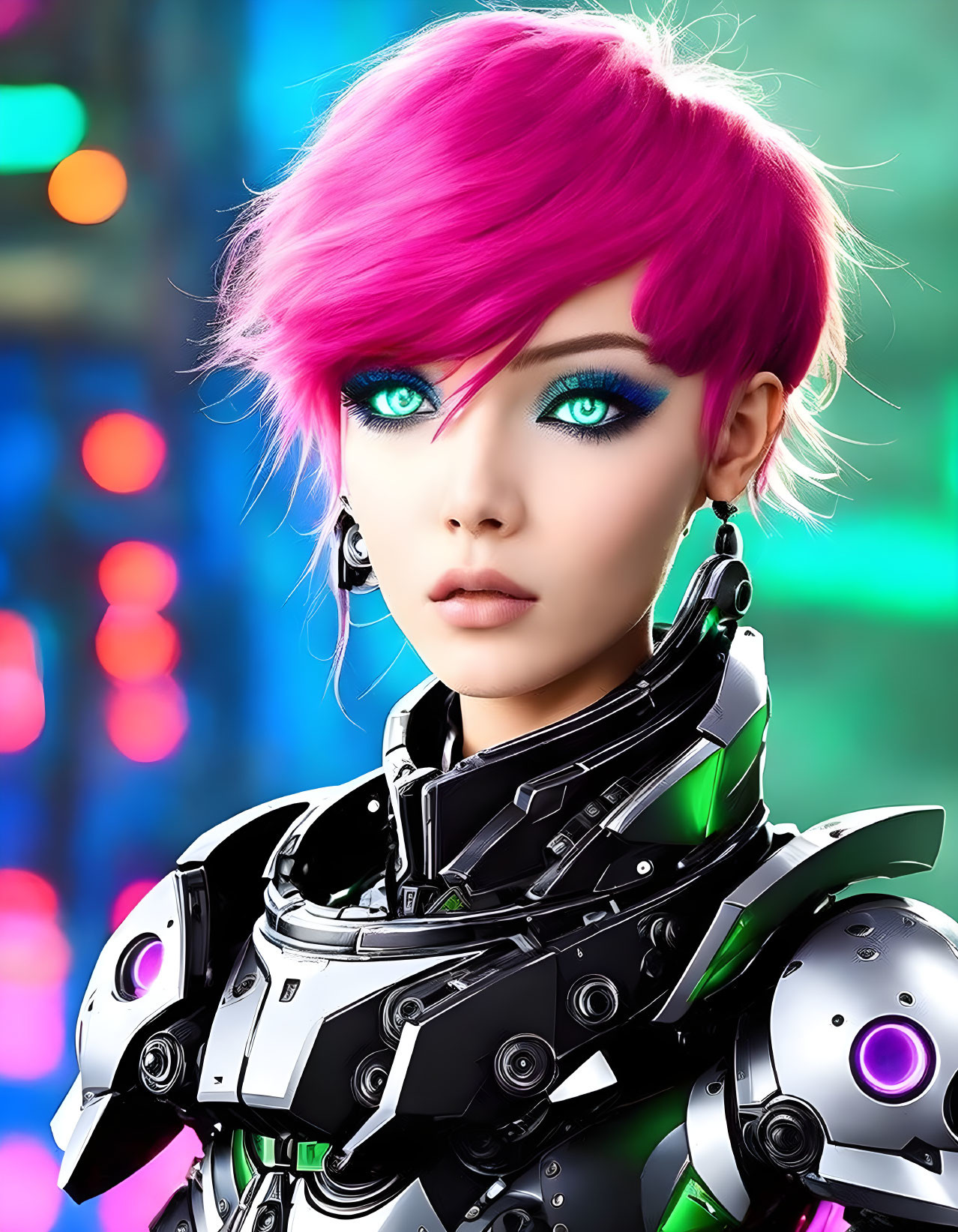 Vibrant pink-haired female android in futuristic armor