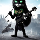 Black Cat with Green Eyes Playing Guitar in Futuristic Cityscape