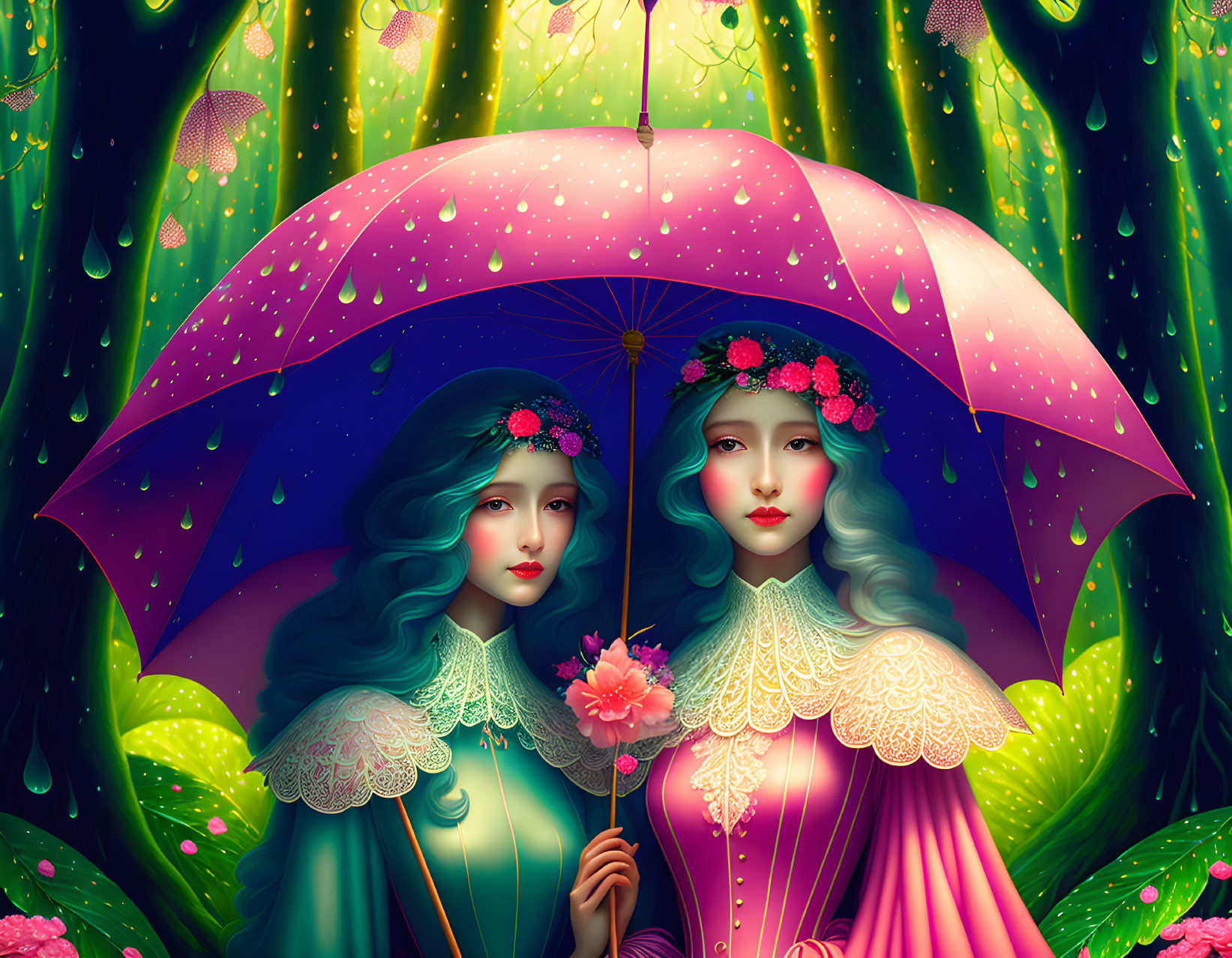 Illustrated women with flower wreaths under colorful umbrella in magical rain-soaked scene