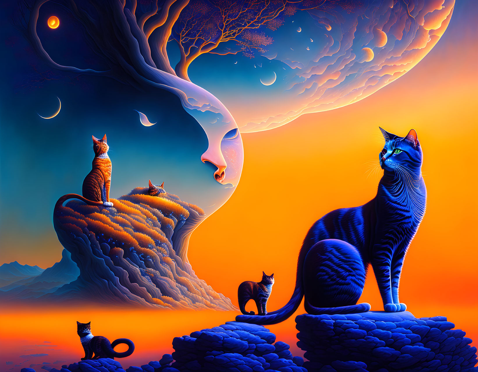 Surreal landscape with tree, moons, and blue cats on rocky formations