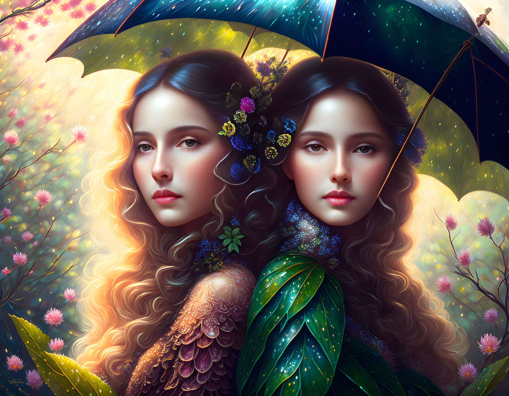 Two women under botanical umbrella in glowing floral backdrop