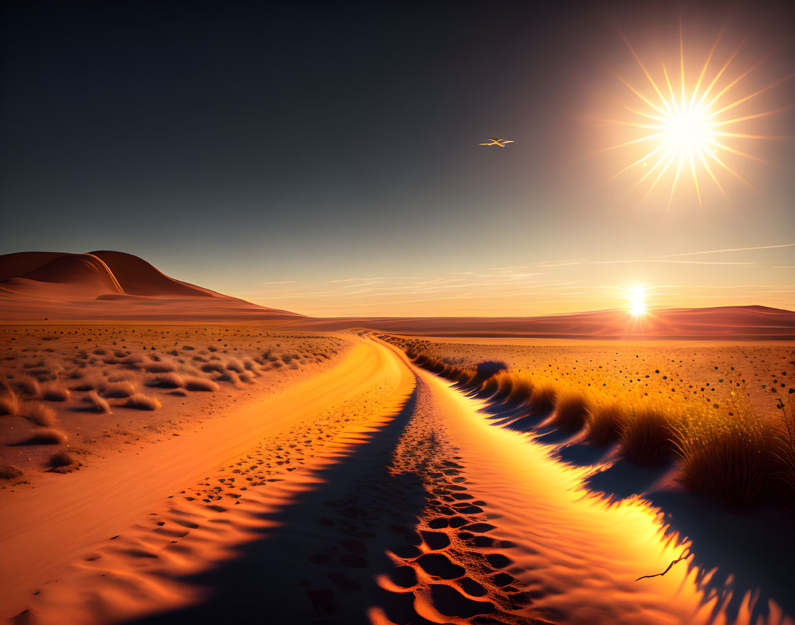 Vivid desert sunset with starburst effect and airplane silhouette