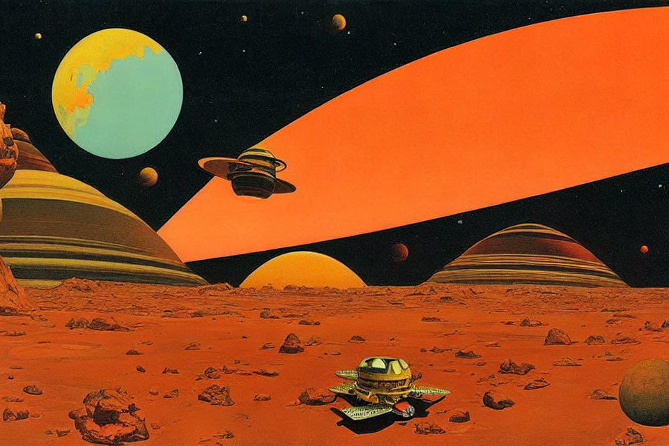 Retro-Futuristic Space Illustration of Alien Landscape