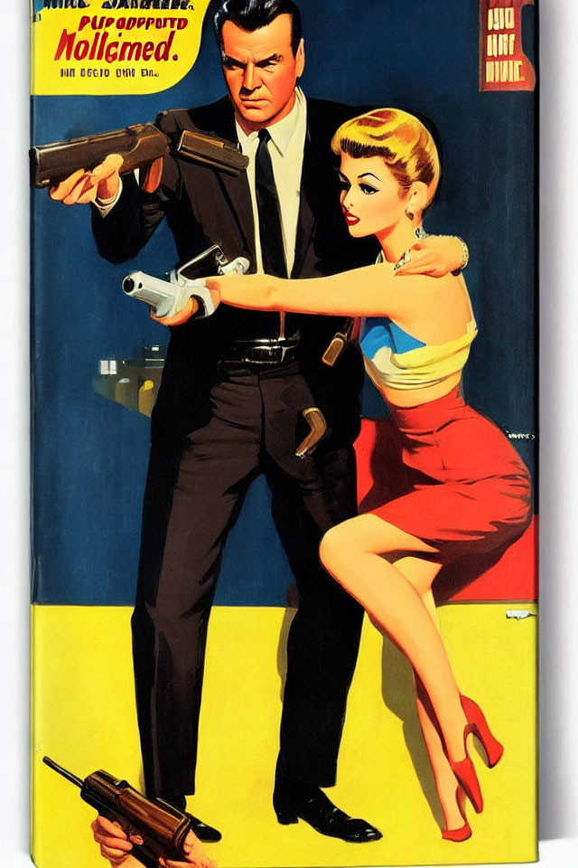 Vintage 1950s illustration of man and woman with guns on bold yellow background