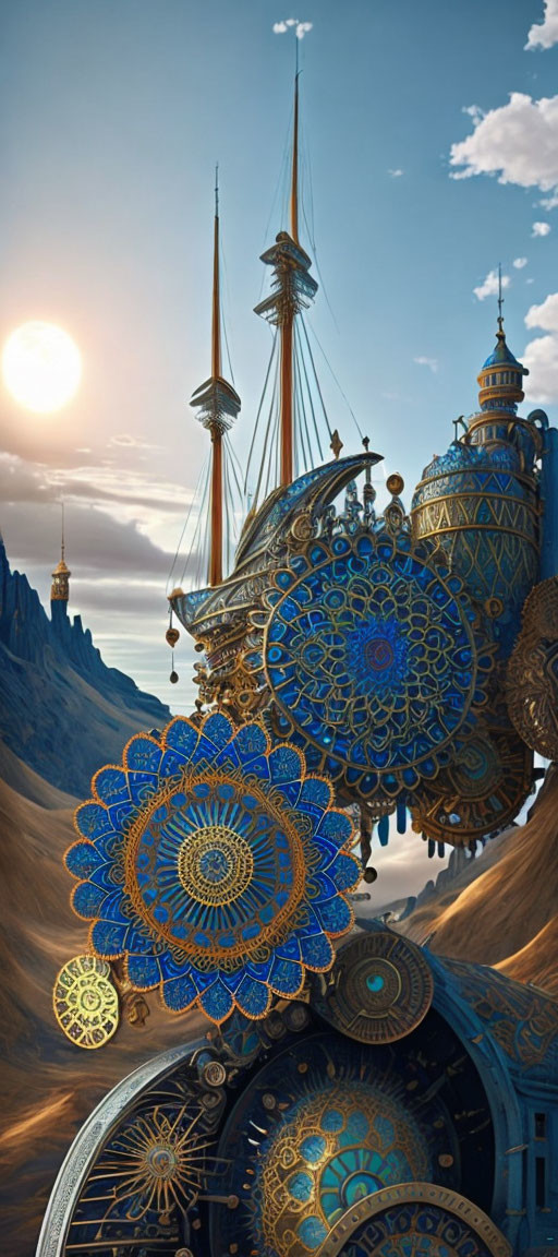 Ornate floating ship with mechanical gears above desert landscape