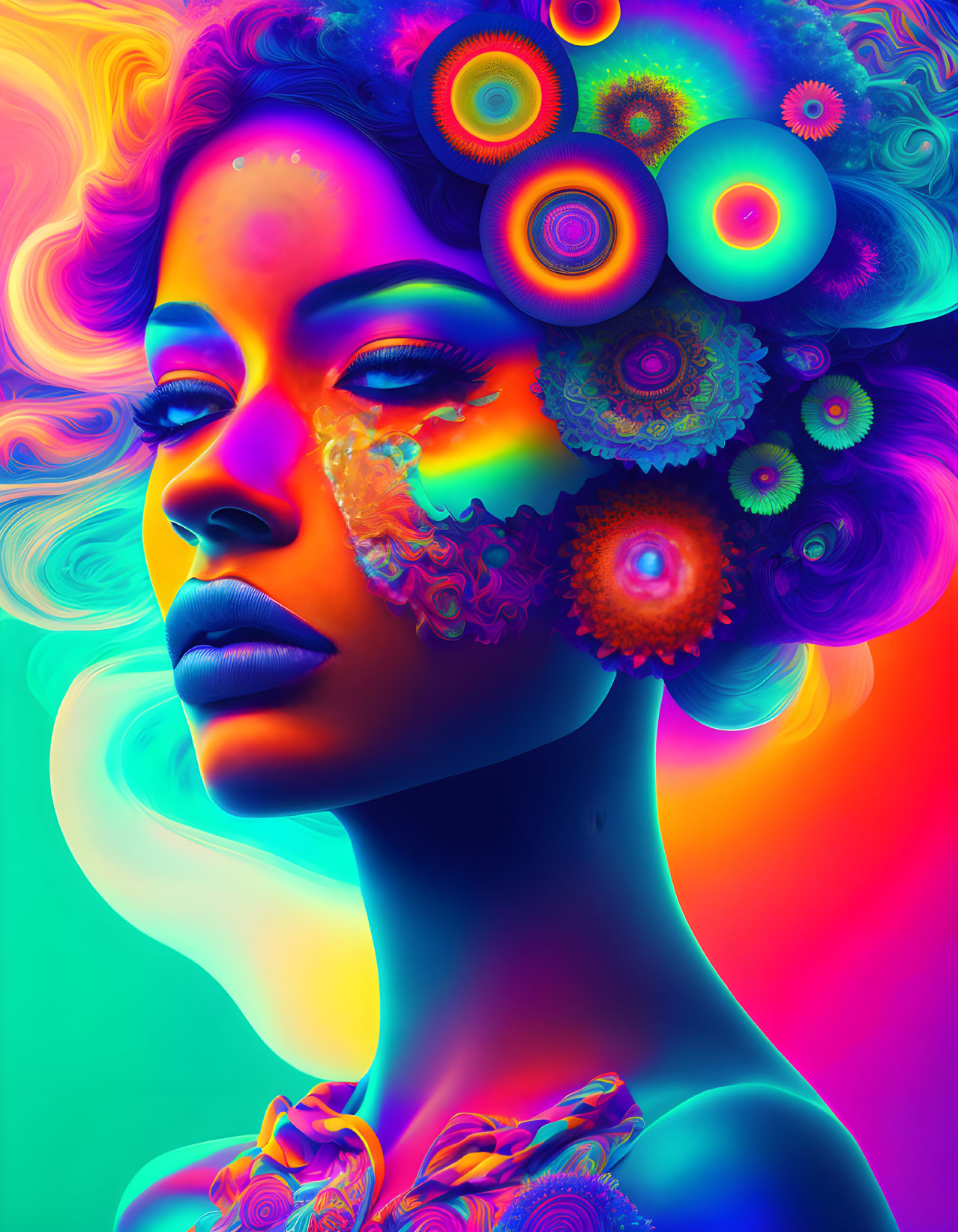 Colorful portrait of a woman with surreal fractal patterns on face against neon background