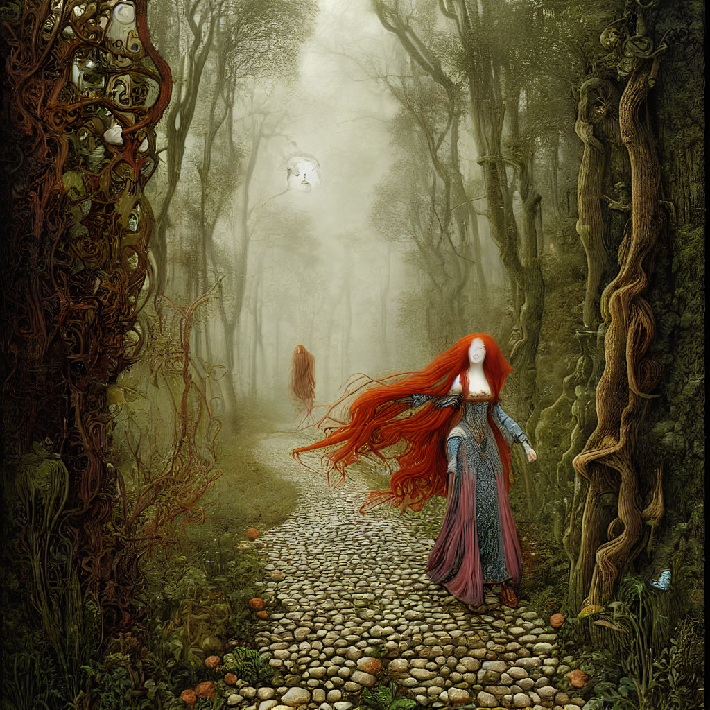 Mystical forest with cobblestone path and red-haired woman followed by translucent figure at night